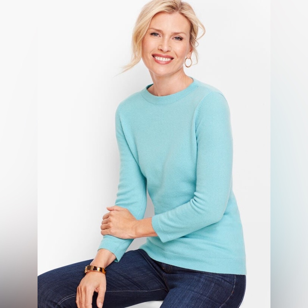 Talbots Petite Pure 100% Cashmere Audrey Sweater in Rich Aqua Turquoise, Size SP